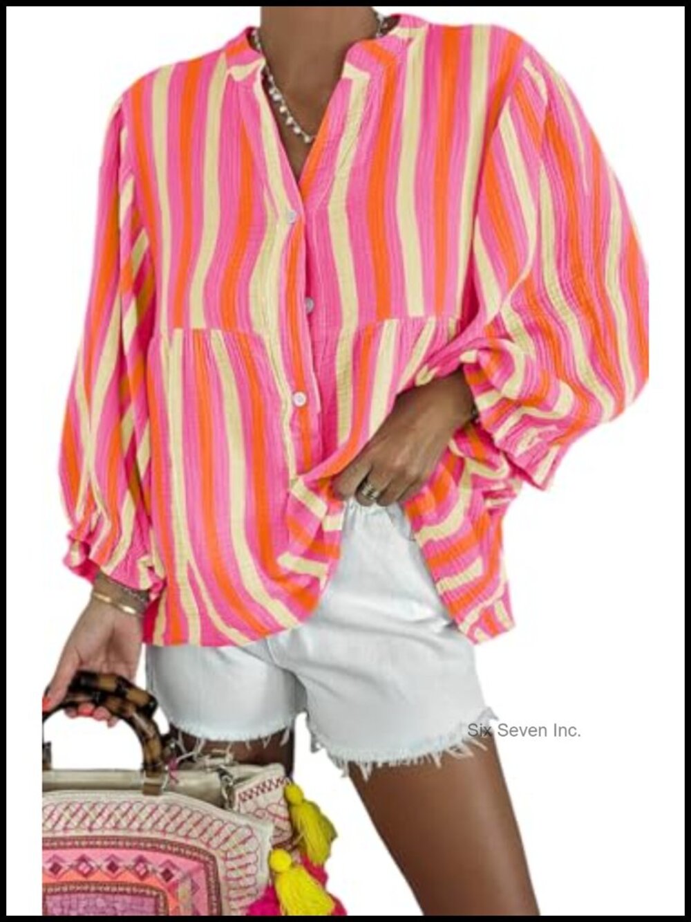 Womens Cotton Puff Sleeve Babydoll Blouse Striped Button Down V-Neck